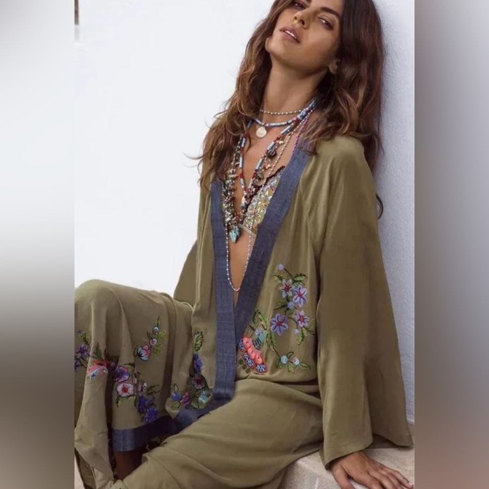 Khaki Floral Embroidered Long Kimono Duster Robe Festival Boho Lagenlook OS - Picture 2 of 9